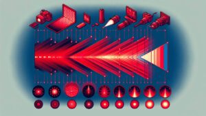 Een grafische weergave van het spectrum van rood licht, waarbij elke golflengte in nanometers is gemarkeerd. Op de achtergrond zijn subtiele afbeeldingen van medische en cosmetische toepassingen, zoals lichttherapie voor huidaandoeningen en warmtelampen voor spierontspanning.