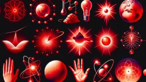 Een illustratie van een persoon die een rood licht therapie-sessie ondergaat. De verschillende golflengtes van rood licht zijn zichtbaar in een reeks van stralen die op de huid van de persoon vallen, symboliserend hoe verschillende golflengtes gebruikt worden voor verschillende therapeutische doeleinden.