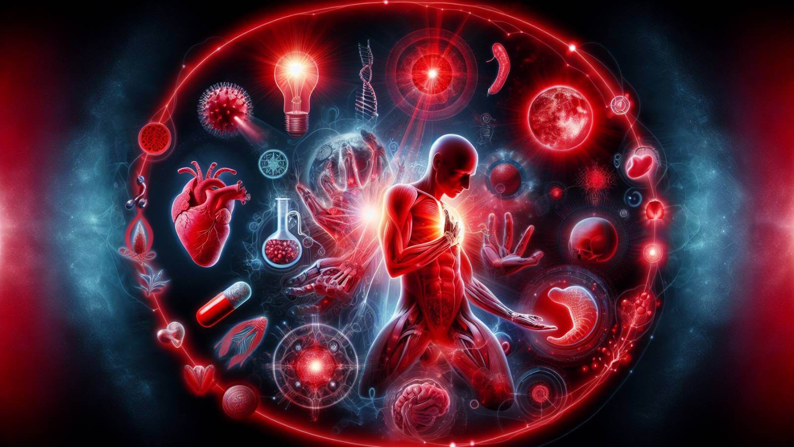 Een persoon ondergaat een rood licht therapie sessie, waarbij rode lichtgolven de huid raken en de energieproductie in de cellen stimuleren, wat bijdr
